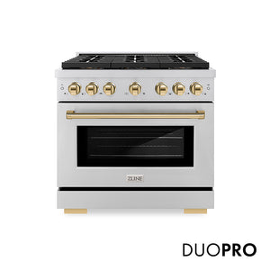 ZLINE Autograph Edition 36 in. 5.2 cu. ft. Paramount Gas Range with 6 Burner DuoPro™ Cooktop and Convection Gas Oven in Stainless Steel and Polished Gold Accents (PSGRZ-36-G) front, with DuoPro™ logo.