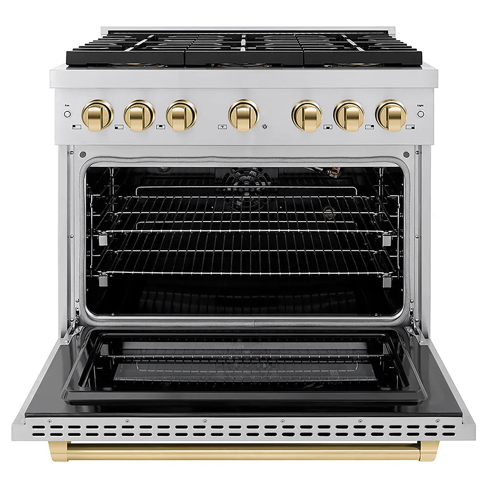 ZLINE Autograph Edition 36 in. 5.2 cu. ft. Paramount Gas Range with 6 Burner DuoPro™ Cooktop and Convection Gas Oven in Stainless Steel and Polished Gold Accents (PSGRZ-36-G) front, oven open.