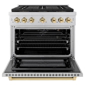ZLINE Autograph Edition 36 in. 5.2 cu. ft. Paramount Gas Range with 6 Burner DuoPro™ Cooktop and Convection Gas Oven in Stainless Steel and Polished Gold Accents (PSGRZ-36-G) front, oven open.