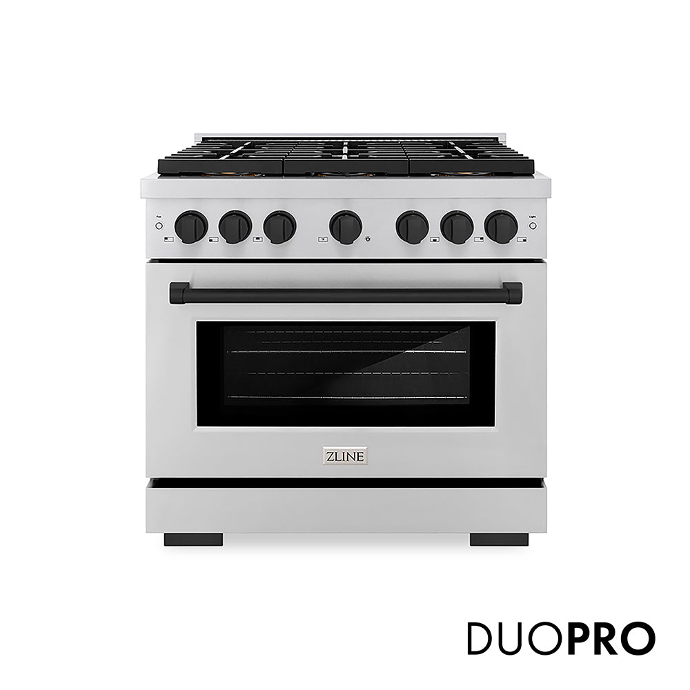 ZLINE Autograph Edition 36 in. 5.2 cu. ft. Paramount Gas Range with 6 Burner DuoPro™ Cooktop and Convection Gas Oven in Stainless Steel and Matte Black Accents (PSGRZ-36-MB) front, with DuoPro™ logo.