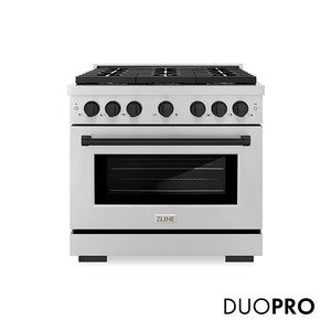 ZLINE Autograph Edition 36 in. 5.2 cu. ft. Paramount Gas Range with 6 Burner DuoPro™ Cooktop and Convection Gas Oven in Stainless Steel and Matte Black Accents (PSGRZ-36-MB) front, with DuoPro™ logo.