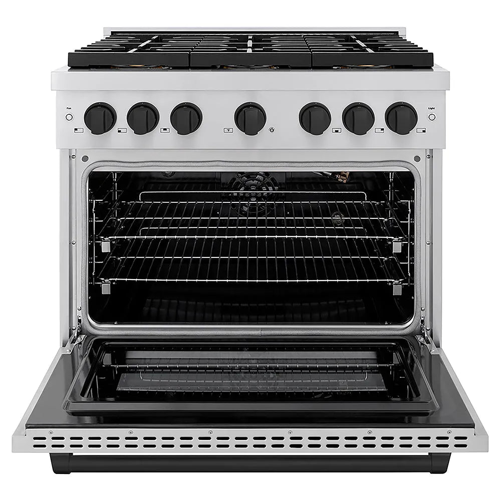 ZLINE Autograph Edition 36 in. 5.2 cu. ft. Paramount Gas Range with 6 Burner DuoPro™ Cooktop and Convection Gas Oven in Stainless Steel and Matte Black Accents (PSGRZ-36-MB) front, oven open.