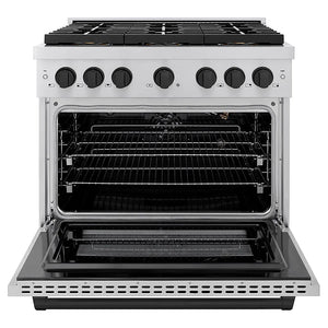 ZLINE Autograph Edition 36 in. 5.2 cu. ft. Paramount Gas Range with 6 Burner DuoPro™ Cooktop and Convection Gas Oven in Stainless Steel and Matte Black Accents (PSGRZ-36-MB) front, oven open.