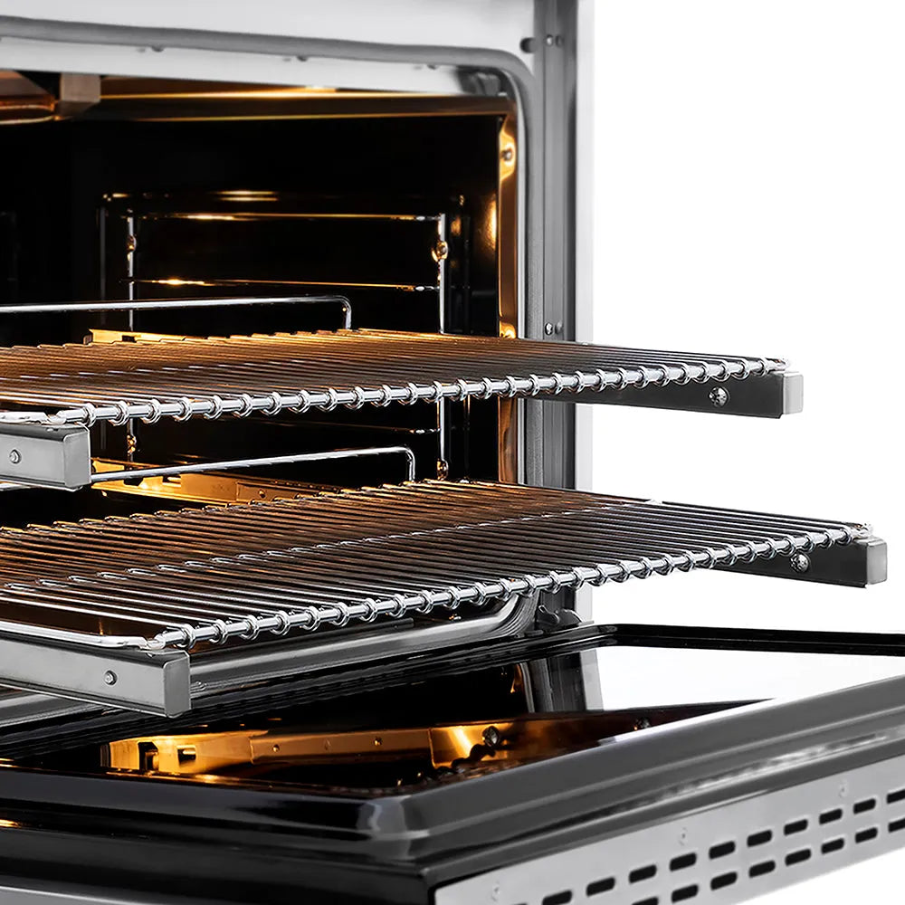 ZLINE Autograph Edition 36 in. 5.2 cu. ft. Paramount Gas Range with 6 Burner DuoPro™ Cooktop and Convection Gas Oven in Stainless Steel and Matte Black Accents (PSGRZ-36-MB) close-up, oven open with racks extended, showing design and structure.