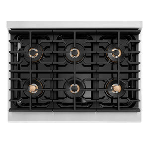 ZLINE Autograph Edition 36 in. 5.2 cu. ft. Paramount Gas Range with 6 Burner DuoPro™ Cooktop and Convection Gas Oven in Stainless Steel and Matte Black Accents (PSGRZ-36-MB) top-down, above cooktop.