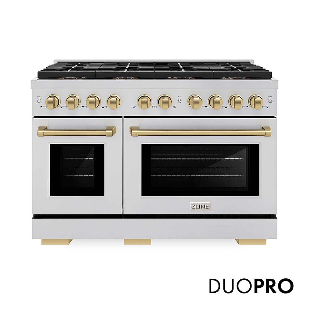 ZLINE Autograph Edition 48 in. 6.7 cu. ft. Paramount Gas Range with 8 Burner DuoPro™ Cooktop and Dual Ovens in Stainless Steel and Champagne Bronze Accents (PSGRZ-48-CB) front, with DuoPro™ logo.