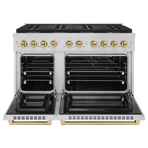 ZLINE Autograph Edition 48 in. 6.7 cu. ft. Paramount Gas Range with 8 Burner DuoPro™ Cooktop and Dual Ovens in Stainless Steel and Champagne Bronze Accents (PSGRZ-48-CB) front, oven open.