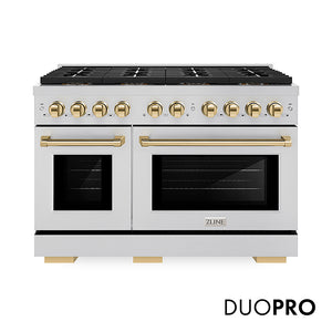 ZLINE Autograph Edition 48 in. 6.7 cu. ft. Paramount Gas Range with 8 Burner DuoPro™ Cooktop and Dual Ovens in Stainless Steel and Polished Gold Accents (PSGRZ-48-G) front, with DuoPro™ logo.