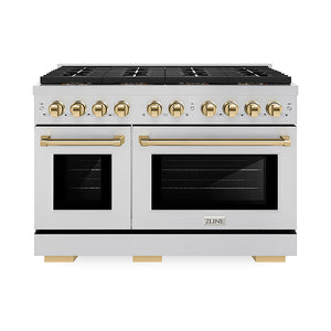 ZLINE Autograph Edition 48 in. 6.7 cu. ft. Paramount Gas Range with 8 Burner DuoPro™ Cooktop and Dual Ovens in Stainless Steel and Polished Gold Accents (PSGRZ-48-G)