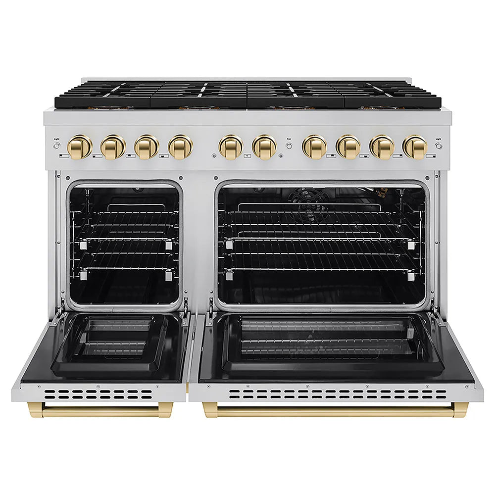 ZLINE Autograph Edition 48 in. 6.7 cu. ft. Paramount Gas Range with 8 Burner DuoPro™ Cooktop and Dual Ovens in Stainless Steel and Polished Gold Accents (PSGRZ-48-G) front, oven open.