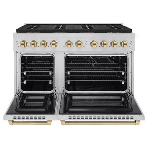 ZLINE Autograph Edition 48 in. 6.7 cu. ft. Paramount Gas Range with 8 Burner DuoPro™ Cooktop and Dual Ovens in Stainless Steel and Polished Gold Accents (PSGRZ-48-G) front, oven open.