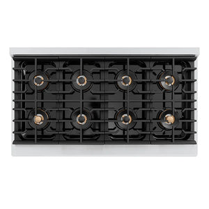 ZLINE Autograph Edition 48 in. 6.7 cu. ft. Paramount Gas Range with 8 Burner DuoPro™ Cooktop and Dual Ovens in Stainless Steel and Polished Gold Accents (PSGRZ-48-G) top-down, above cooktop.