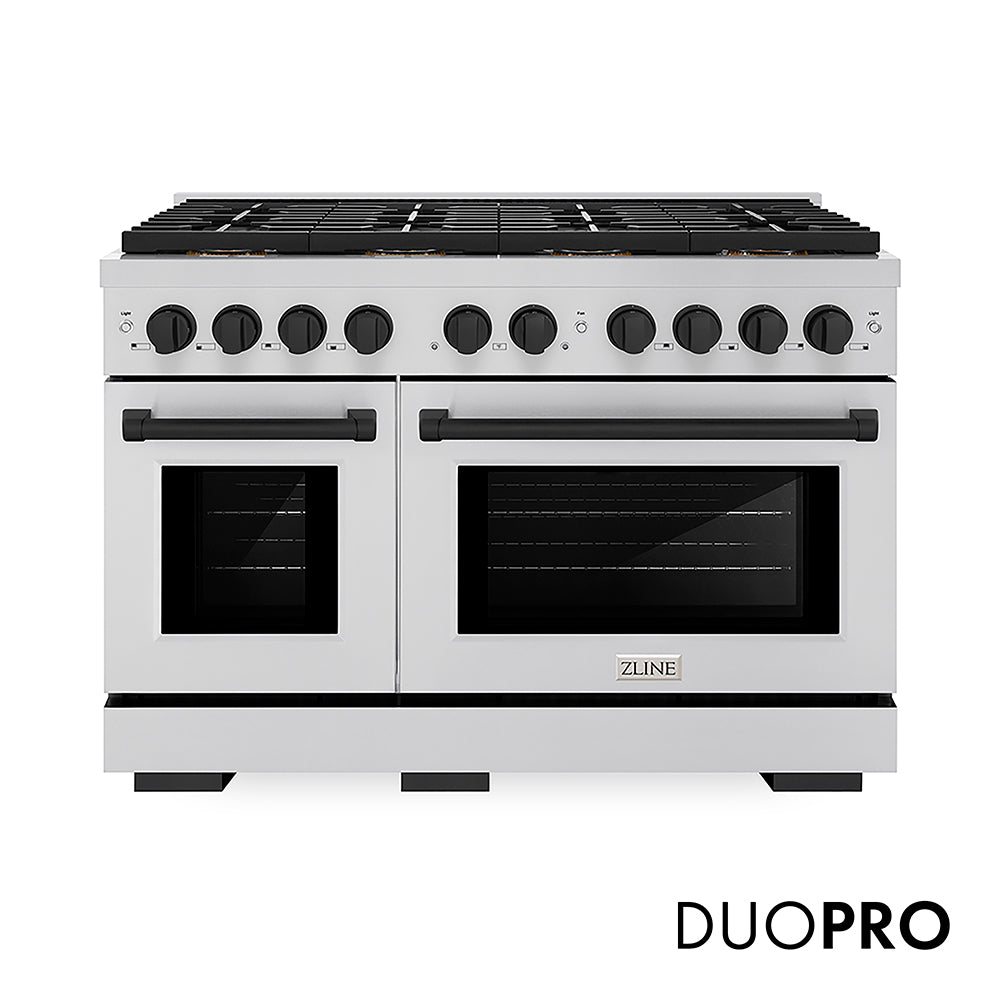 ZLINE Autograph Edition 48 in. 6.7 cu. ft. Paramount Gas Range with 8 Burner DuoPro™ Cooktop and Dual Ovens in Stainless Steel and Matte Black Accents (PSGRZ-48-MB) front, with DuoPro™ logo.