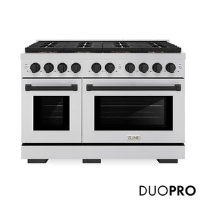 ZLINE Autograph Edition 48 in. 6.7 cu. ft. Paramount Gas Range with 8 Burner DuoPro™ Cooktop and Dual Ovens in Stainless Steel and Matte Black Accents (PSGRZ-48-MB) front, with DuoPro™ logo.