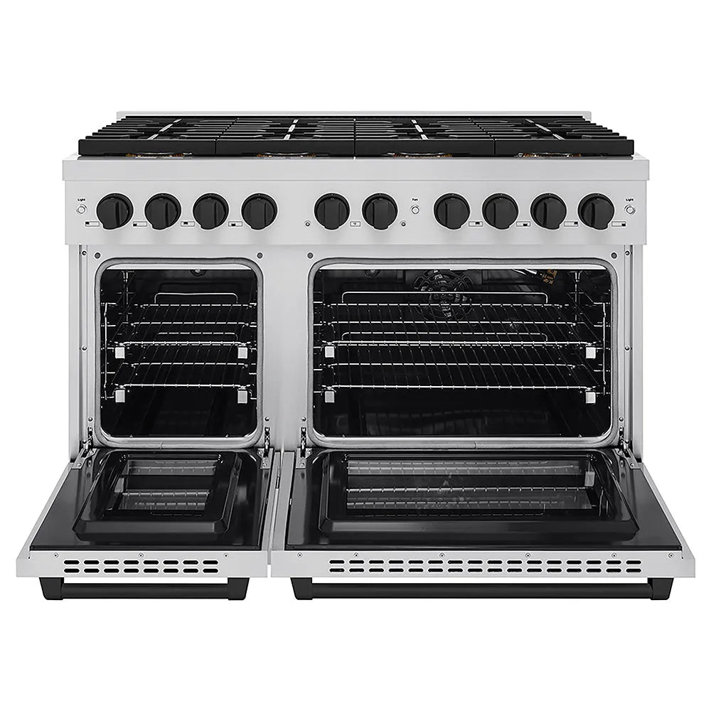 ZLINE Autograph Edition 48 in. 6.7 cu. ft. Paramount Gas Range with 8 Burner DuoPro™ Cooktop and Dual Ovens in Stainless Steel and Matte Black Accents (PSGRZ-48-MB) front, oven open.