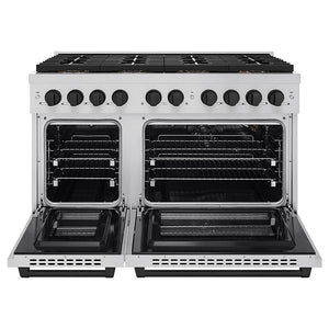 ZLINE Autograph Edition 48 in. 6.7 cu. ft. Paramount Gas Range with 8 Burner DuoPro™ Cooktop and Dual Ovens in Stainless Steel and Matte Black Accents (PSGRZ-48-MB) front, oven open.
