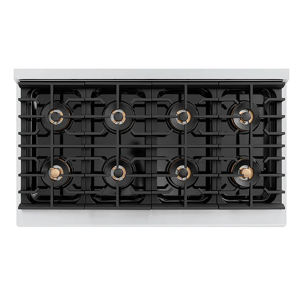 ZLINE Autograph Edition 48 in. 6.7 cu. ft. Paramount Gas Range with 8 Burner DuoPro™ Cooktop and Dual Ovens in Stainless Steel and Matte Black Accents (PSGRZ-48-MB) top-down, above cooktop.