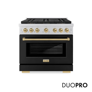 ZLINE Autograph Edition 36 in. 5.2 cu. ft. Paramount Gas Range with 6 Burner DuoPro™ Cooktop and Convection Gas Oven with Black Matte Door and Champagne Bronze Accents (PSGRZ-BLM-36-CB) front, with DuoPro™ logo.