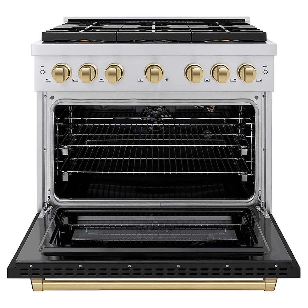 ZLINE Autograph Edition 36 in. 5.2 cu. ft. Paramount Gas Range with 6 Burner DuoPro™ Cooktop and Convection Gas Oven with Black Matte Door and Champagne Bronze Accents (PSGRZ-BLM-36-CB) front, oven open.