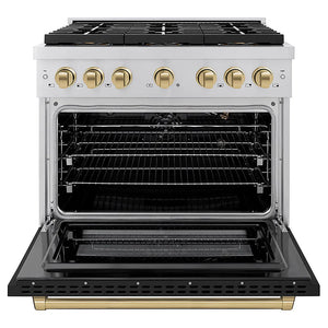 ZLINE Autograph Edition 36 in. 5.2 cu. ft. Paramount Gas Range with 6 Burner DuoPro™ Cooktop and Convection Gas Oven with Black Matte Door and Champagne Bronze Accents (PSGRZ-BLM-36-CB) front, oven open.