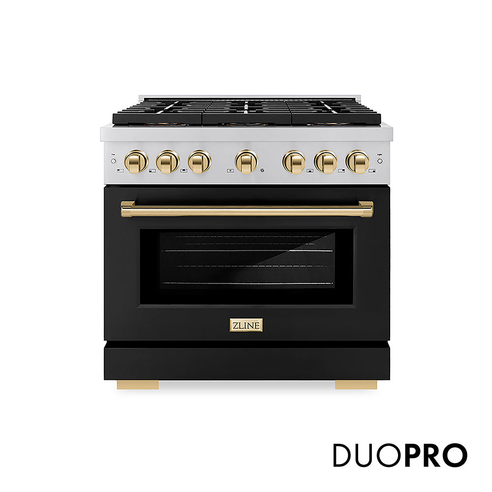 ZLINE Autograph Edition 36 in. 5.2 cu. ft. Paramount Gas Range with 6 Burner DuoPro™ Cooktop and Convection Gas Oven with Black Matte Door and Polished Gold Accents (PSGRZ-BLM-36-G) front, with DuoPro™ logo.