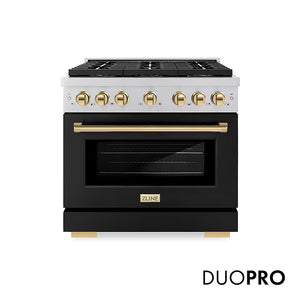 ZLINE Autograph Edition 36 in. 5.2 cu. ft. Paramount Gas Range with 6 Burner DuoPro™ Cooktop and Convection Gas Oven with Black Matte Door and Polished Gold Accents (PSGRZ-BLM-36-G) front, with DuoPro™ logo.