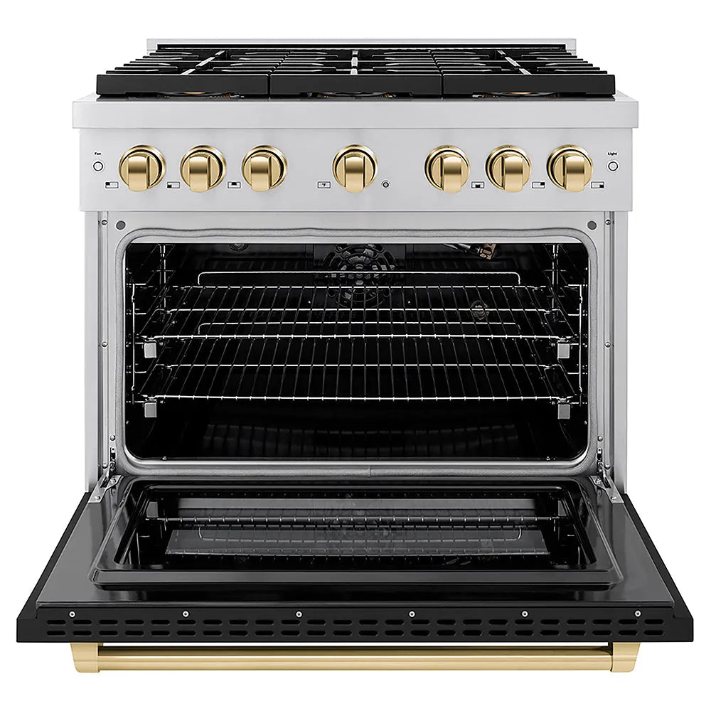 ZLINE Autograph Edition 36 in. 5.2 cu. ft. Paramount Gas Range with 6 Burner DuoPro™ Cooktop and Convection Gas Oven with Black Matte Door and Polished Gold Accents (PSGRZ-BLM-36-G) front, oven open.