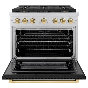 ZLINE Autograph Edition 36 in. 5.2 cu. ft. Paramount Gas Range with 6 Burner DuoPro™ Cooktop and Convection Gas Oven with Black Matte Door and Polished Gold Accents (PSGRZ-BLM-36-G) front, oven open.