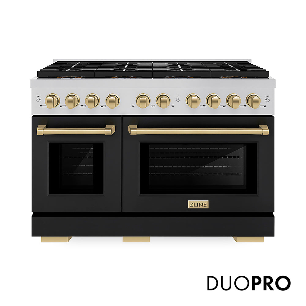 ZLINE Autograph Edition 48 in. 6.7 cu. ft. Paramount Gas Range with 8 Burner DuoPro™ Cooktop and Dual Ovens with Black Matte Doors and Champagne Bronze Accents (PSGRZ-BLM-48-CB) front, with DuoPro™ logo.