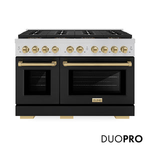 ZLINE Autograph Edition 48 in. 6.7 cu. ft. Paramount Gas Range with 8 Burner DuoPro™ Cooktop and Dual Ovens with Black Matte Doors and Champagne Bronze Accents (PSGRZ-BLM-48-CB) front, with DuoPro™ logo.