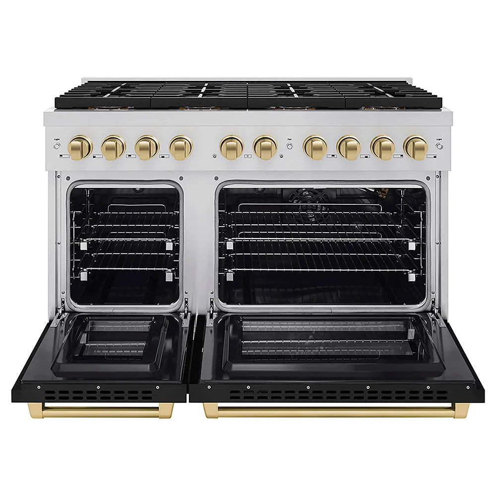 ZLINE Autograph Edition 48 in. 6.7 cu. ft. Paramount Gas Range with 8 Burner DuoPro™ Cooktop and Dual Ovens with Black Matte Doors and Champagne Bronze Accents (PSGRZ-BLM-48-CB) front, oven open.