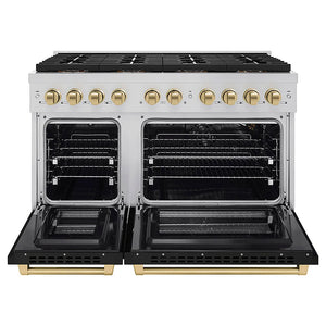 ZLINE Autograph Edition 48 in. 6.7 cu. ft. Paramount Gas Range with 8 Burner DuoPro™ Cooktop and Dual Ovens with Black Matte Doors and Champagne Bronze Accents (PSGRZ-BLM-48-CB) front, oven open.