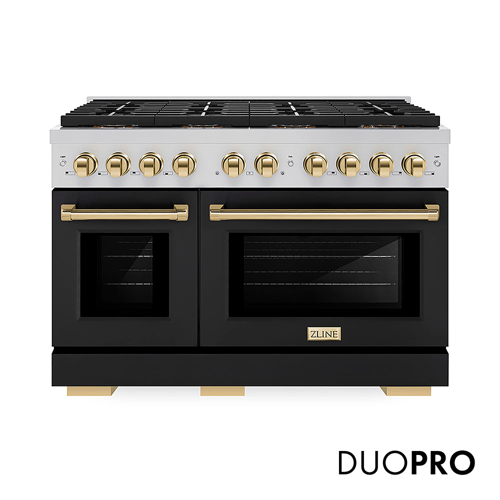ZLINE Autograph Edition 48 in. 6.7 cu. ft. Paramount Gas Range with 8 Burner DuoPro™ Cooktop and Dual Ovens with Black Matte Doors and Polished Gold Accents (PSGRZ-BLM-48-G) front, with DuoPro™ logo.