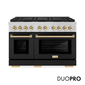 ZLINE Autograph Edition 48 in. 6.7 cu. ft. Paramount Gas Range with 8 Burner DuoPro™ Cooktop and Dual Ovens with Black Matte Doors and Polished Gold Accents (PSGRZ-BLM-48-G) front, with DuoPro™ logo.