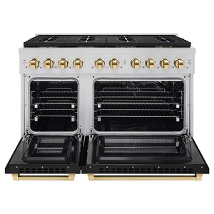 ZLINE Autograph Edition 48 in. 6.7 cu. ft. Paramount Gas Range with 8 Burner DuoPro™ Cooktop and Dual Ovens with Black Matte Doors and Polished Gold Accents (PSGRZ-BLM-48-G) front, oven open.