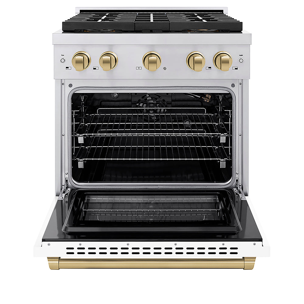 ZLINE Autograph Edition 30 in. 4.2 cu. ft. Paramount Gas Range with 4 Burner DuoPro™ Cooktop and Convection Gas Oven in Stainless Steel with White Matte Door and Champagne Bronze Accents (PSGRZ-WM-30-CB)