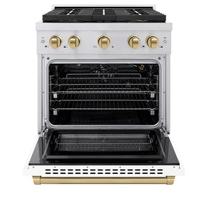 ZLINE Autograph Edition 30 in. 4.2 cu. ft. Paramount Gas Range with 4 Burner DuoPro™ Cooktop and Convection Gas Oven in Stainless Steel with White Matte Door and Champagne Bronze Accents (PSGRZ-WM-30-CB)
