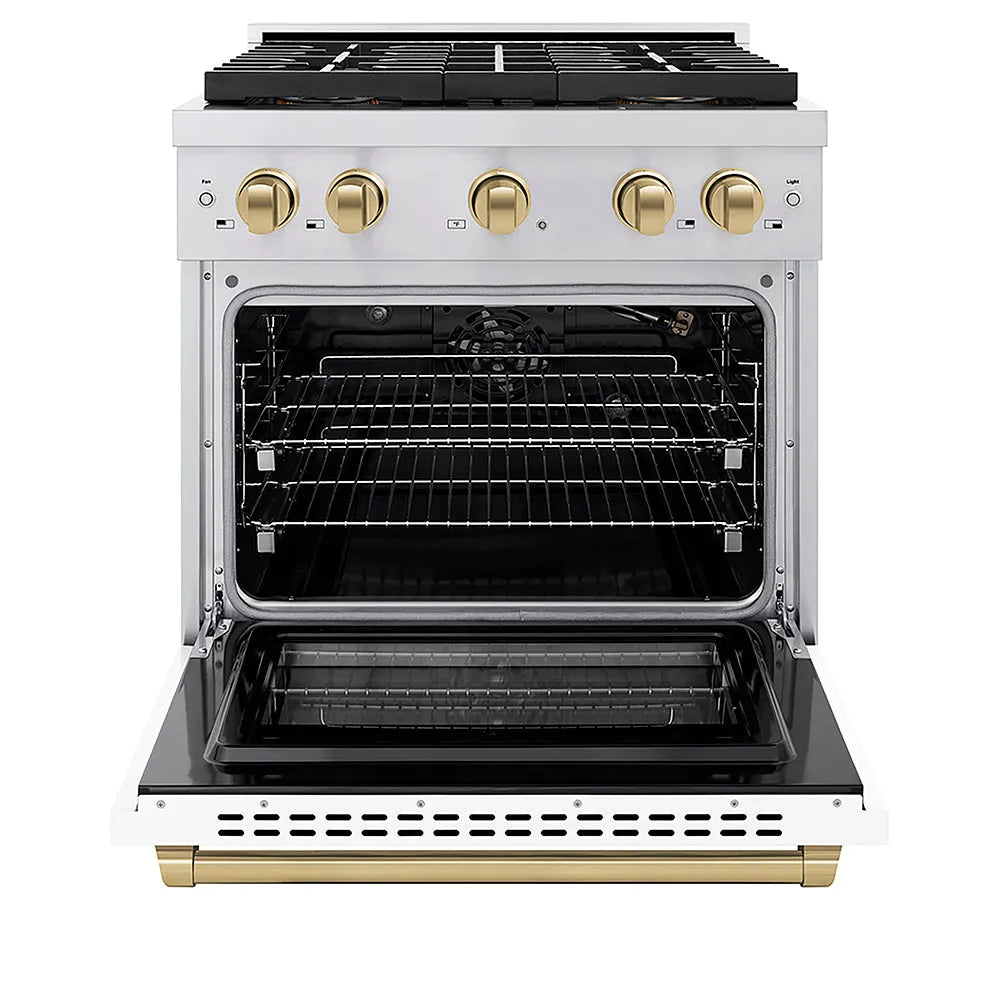 ZLINE Autograph Edition 30 in. 4.2 cu. ft. Paramount Gas Range with 4 Burner DuoPro™ Cooktop and Convection Gas Oven in Stainless Steel with White Matte Door and Champagne Bronze Accents (PSGRZ-WM-30-CB) front, oven open.