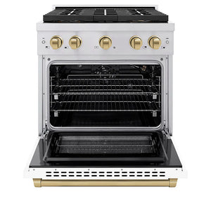 ZLINE Autograph Edition 30 in. 4.2 cu. ft. Paramount Gas Range with 4 Burner DuoPro™ Cooktop and Convection Gas Oven in Stainless Steel with White Matte Door and Champagne Bronze Accents (PSGRZ-WM-30-CB) front, oven open.