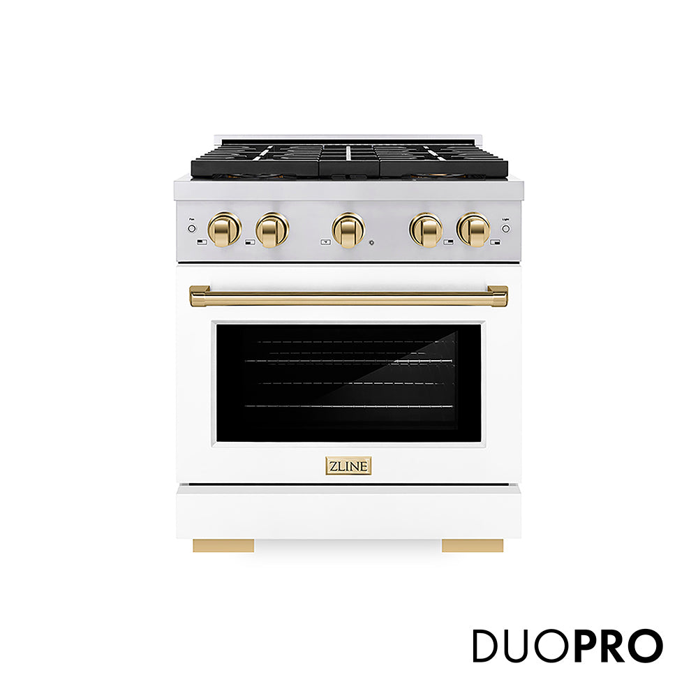 ZLINE Autograph Edition 30 in. 4.2 cu. ft. Paramount Gas Range with 4 Burner DuoPro™ Cooktop and Convection Gas Oven in Stainless Steel with White Matte Door and Polished Gold Accents (PSGRZ-WM-30-G)