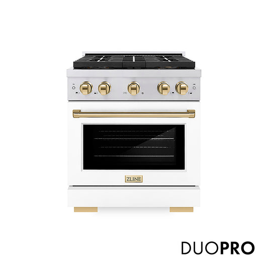 ZLINE Autograph Edition 30 in. 4.2 cu. ft. Paramount Gas Range with 4 Burner DuoPro™ Cooktop and Convection Gas Oven in Stainless Steel with White Matte Door and Polished Gold Accents (PSGRZ-WM-30-G)