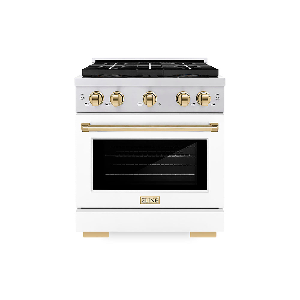 ZLINE Autograph Edition 30 in. 4.2 cu. ft. Paramount Gas Range with 4 Burner DuoPro™ Cooktop and Convection Gas Oven in Stainless Steel with White Matte Door and Polished Gold Accents (PSGRZ-WM-30-G)