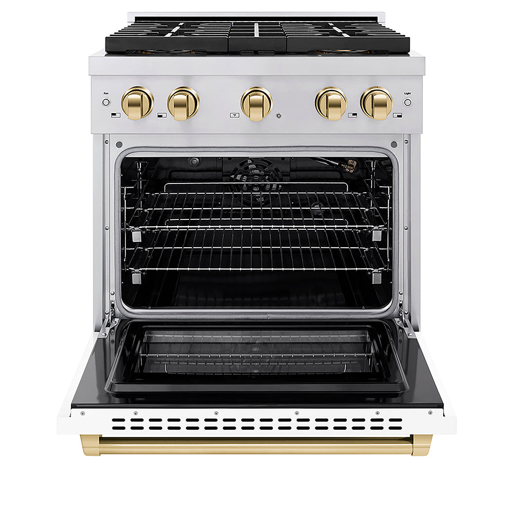 ZLINE Autograph Edition 30 in. 4.2 cu. ft. Paramount Gas Range with 4 Burner DuoPro™ Cooktop and Convection Gas Oven in Stainless Steel with White Matte Door and Polished Gold Accents (PSGRZ-WM-30-G)