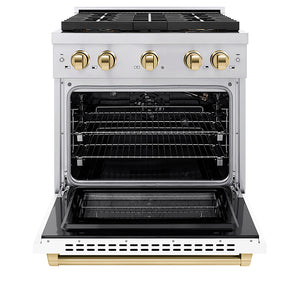 ZLINE Autograph Edition 30 in. 4.2 cu. ft. Paramount Gas Range with 4 Burner DuoPro™ Cooktop and Convection Gas Oven in Stainless Steel with White Matte Door and Polished Gold Accents (PSGRZ-WM-30-G)