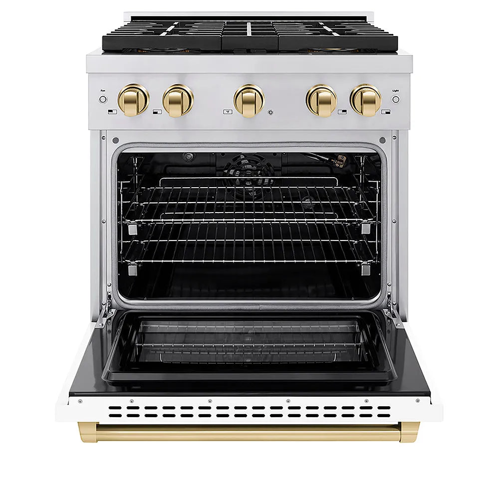 ZLINE Autograph Edition 30 in. 4.2 cu. ft. Paramount Gas Range with 4 Burner DuoPro™ Cooktop and Convection Gas Oven in Stainless Steel with White Matte Door and Polished Gold Accents (PSGRZ-WM-30-G) front, oven open.