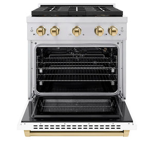 ZLINE Autograph Edition 30 in. 4.2 cu. ft. Paramount Gas Range with 4 Burner DuoPro™ Cooktop and Convection Gas Oven in Stainless Steel with White Matte Door and Polished Gold Accents (PSGRZ-WM-30-G) front, oven open.