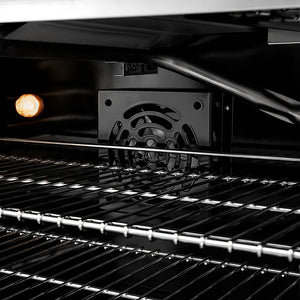 ZLINE Autograph Edition 30 in. 4.2 cu. ft. Paramount Gas Range with 4 Burner DuoPro™ Cooktop and Convection Gas Oven in Stainless Steel with White Matte Door and Matte Black Accents (PSGRZ-WM-30-MB) convection fan and lighting inside oven.
