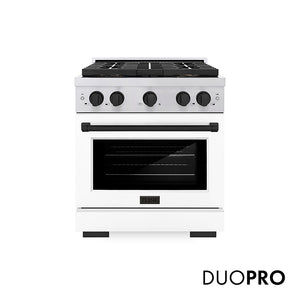 ZLINE Autograph Edition 30 in. 4.2 cu. ft. Paramount Gas Range with 4 Burner DuoPro™ Cooktop and Convection Gas Oven in Stainless Steel with White Matte Door and Matte Black Accents (PSGRZ-WM-30-MB)