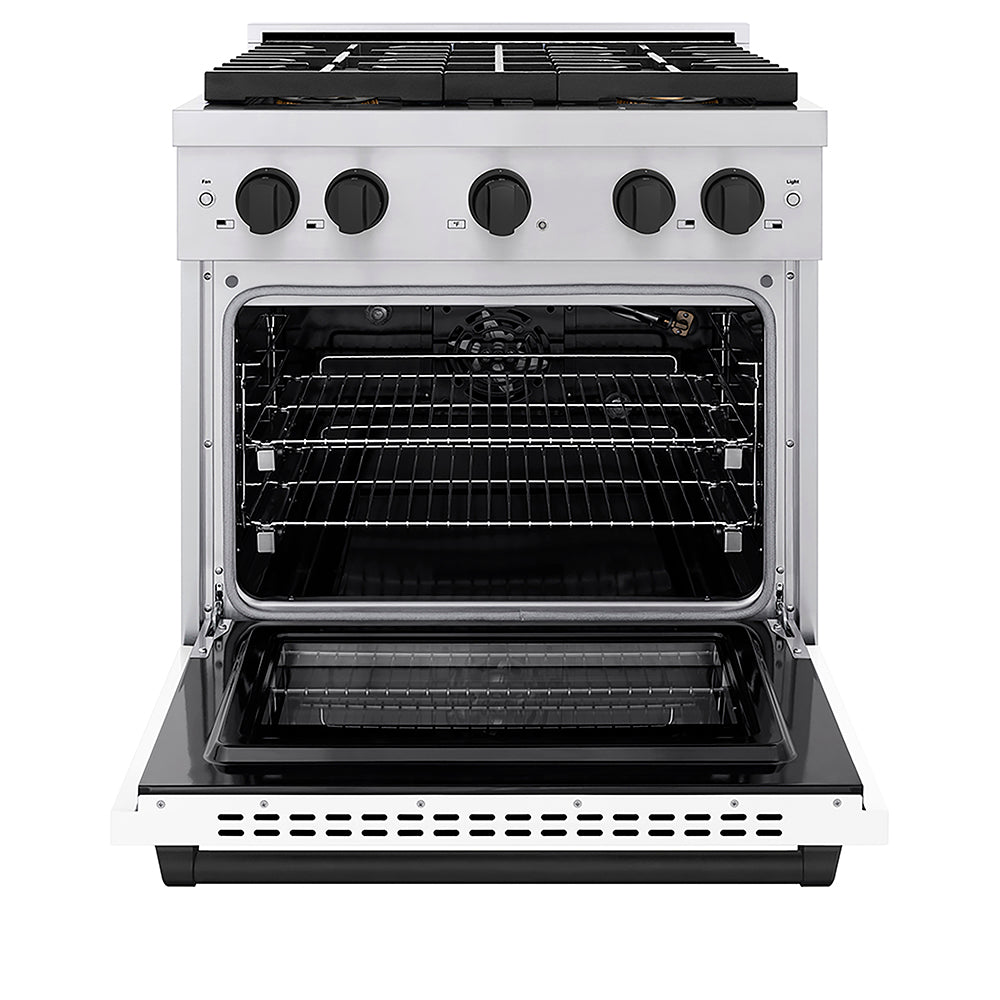 ZLINE Autograph Edition 30 in. 4.2 cu. ft. Paramount Gas Range with 4 Burner DuoPro™ Cooktop and Convection Gas Oven in Stainless Steel with White Matte Door and Matte Black Accents (PSGRZ-WM-30-MB)