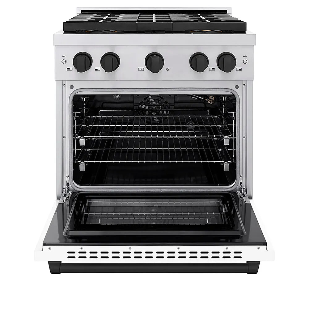 ZLINE Autograph Edition 30 in. 4.2 cu. ft. Paramount Gas Range with 4 Burner DuoPro™ Cooktop and Convection Gas Oven in Stainless Steel with White Matte Door and Matte Black Accents (PSGRZ-WM-30-MB) front, oven open.